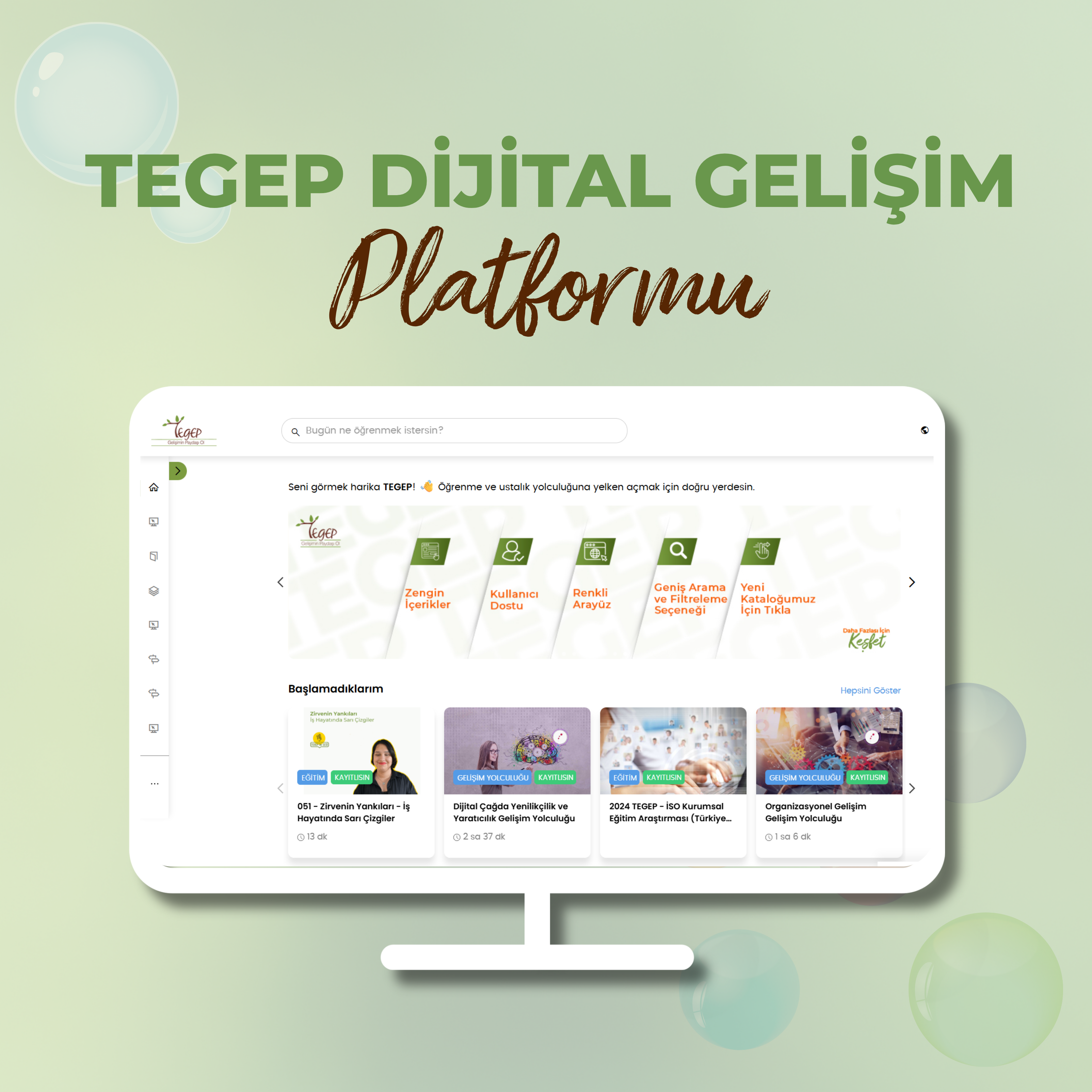 TEGEP Dijital Gelişim Platformu arayüzünü ve öne çıkan özelliklerini gösteren tanıtım görseli.
